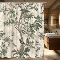 Vintage Botanical & Bird Shower Curtain - Hand-Drawn Style with Lush Green Foliage, Pink Flowers & Birds, Antique Design for B 90x180cm