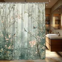1Pc Floral Bird & Forest Scenery Shower Curtain - Machine Washable Polyester Bathroom Decor With Vibrant Pink Flowers, Green Lea W60H190(CM)-1 Pcs