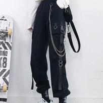 Moteriški kargo kelnės harem kelnės mada pankas kišenės bėgiojimo kelnės su grandinėle Harajuku elastinės aukštu juosmeniu gatvės drabužiai S juoda