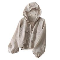 Women Fall Coat Hooded Solid Color Long Sleeve Zipper Closure Loose Pockets Elastic