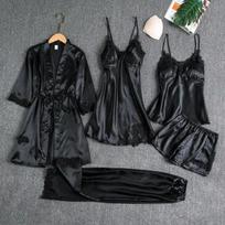5 dalių šilkinis pižamos komplektas moterims su paminkštinta liemenėle, seksualia naktine suknute, ilgomis rankovėmis chalatu ir namų drabužiais. XXXXL black