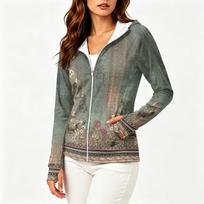 Womens Lightweight Zip Up Hooded Jacket Long Sleeve Floral Print Sun Protection Outerwear with Pockets M