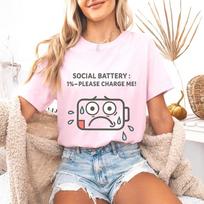#26 Social Battery 1% Shirt ,Low Energy Cartoon Tee,Funny Light Pink Unisex T-Shirt L
