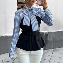 Autumn New Striped Splicing Elegant Temperament Commuter Fake Two-piece Shirt Top S mėlyna