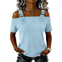 Women’s Casual Loose Fit Cotton Linen Top with Ruffle Stitching and Round Neck Strap Off Shoulder Design S mėlyna