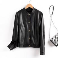 Haining new leather jacket women's fashion spring and autumn round neck locomotive small short leather jacket L recommends 90-52.5kg