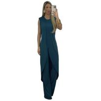 2 Pcs/Set Women Top Pants Set Irregular Hem Wide Leg Solid Color Soft M tamsiai žalia spalva