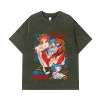 275 GSM Washed T-shirts 100% Cotton Evangelion V9 Asuka Rei Waifu Print Unisex Heavy Cotton T Shirt S armijos žalia spalva