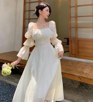 Pavasarinė, miela, pūstomis rankovėmis, vidutinio dydžio suknelė, moteriška, rudeninė, rausva, tvarstinė suknelė Elegantiškos šifoninės ilgos moteriškos suknelės S balta