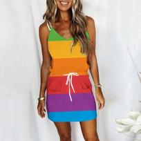 Women's Summer Sleeveless Loose Bandage Striped Sling Dress Pocket V Neck Tank Dress M orange
