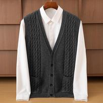 Men's V-Neck Cable Knit Button-Up Cashmere Vest - Warm, Fashionable & Versatile Sleeveless Cardigan XL (176-198 lbs)