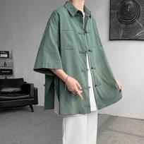 Men's Green Chinese Frog Button Half Sleeve Oversized Casual Shirt M