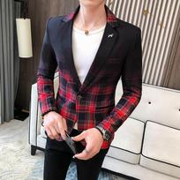 Korean Slim Fit Gradient Plaid Men's Suit Jacket - Red, Autumn 2026 Edition M