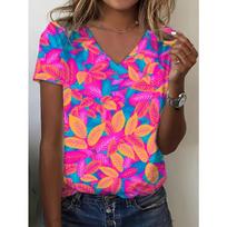A Vibrant V-Neck T-Shirt with Short Sleeves Featuring a Full Print of Tropical Leaves in Bright Pink, Orange, And Blue Hues S