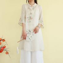 Zen-style Frog Button Retro Shirt Spring/summer Mid-length Embroidered Ethnic Style Three-quarter Sleeve Stand Collar Top for Women XS