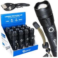 Geko taktinis žibintuvėlis LED XHP50 G15122A, 15 W, 1500 lm, 1800 mAh, USB Type-C, IPX3, teleskopinis priartinimas, juodas