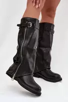 Ilgaauliai batai virš kelių su dirželiu ir užtrauktuku, juodi Step in style