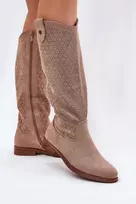 Ilgaauliai batai virš kelių su ažūriniu raštu, smėlio spalvos Step in style