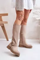 Ilgaauliai batai virš kelių su užtrauktuku ir dirželiu, smėlio spalvos Step in style