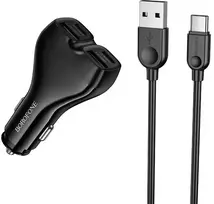 Borofone automobilinis įkroviklis BZ35 Leader – 2 x C tipo + 2 x USB – PD 30W su USB į C tipo kabeliu, juodos spalvos