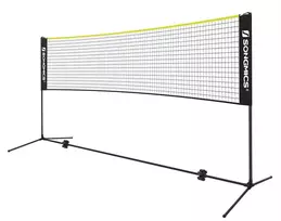Koduva Badmintono tinklas, 4 m, reguliuojamo aukščio, juodas-geltonas, su krepšiu ir kuoliukais