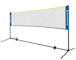 Koduva Badmintono tinklas, 5 m, mėlynai geltonas, reguliuojamo aukščio, su krepšiu ir kuoliukais