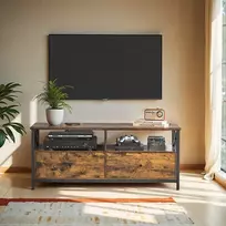 Koduva TV staliukas iki 55 col. televizoriui, 120 x 40 x 50 cm, 2 stalčiai, vintage rudos-juodos spalvos