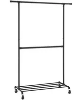 Songmics Drabužių stovas su ratukais, metalinis, juodas, 130 x 49 x 198 cm, 2 skersiniai
