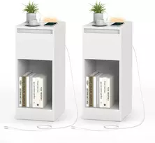 Koduva Siauras naktinis staliukas, 2 vnt. rinkinys, su stalčiumi, lentyna, LED, USB, baltas