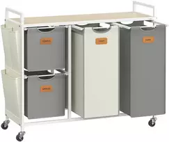 Koduva Skalbinių rūšiavimo vežimėlis su 4 skyriais, 150 l, su lentyna ir ratukais, 98,6 x 33 x 80,5 cm