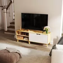 TV staliukas Koduva TV spintelė su 2 durimis, reguliuojamomis lentynomis, 140 x 40 x 50 cm, ąžuolo ir kreminės baltos spalvos