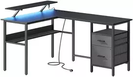 Koduva L formos rašomasis stalas, juodas, 150 x 120 x 76 cm, su monitoriaus stovu ir lizdais
