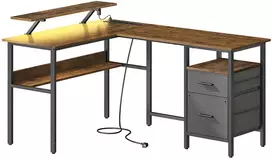 Koduva L formos rašomasis stalas, vintažinės rudos spalvos, su lizdais, 150 x 120 x 76 cm