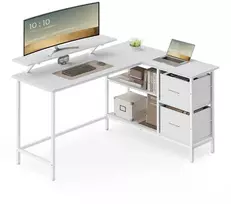 Koduva L formos rašomasis stalas su 2 stalčiais ir monitoriaus stovu, 105 x 135 x 89,5 cm, balta