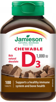 JAMIESON D vitamīns 1000 IU (25 µg) - Šokolādes garšas košļājamās tabletes, 100 gab.
