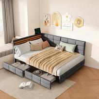 Minkšta sofa-lova 140 x 200 cm su LED ir USB įkrovimo stotele, Dienos lova su 2 stalčiais, grotelių rėmu, Linas
