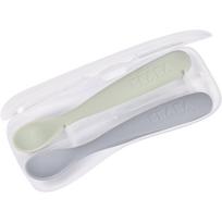 Beaba Set of 2 Ergonomic Spoons šaukštas su krepšeliu Pebble Green 4m+ 2 vnt.