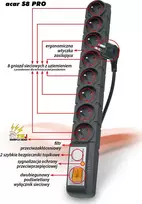 „Acar S8 PRO“ maitinimo juosta su apsauga nuo viršįtampių, 8 lizdai, 5 m, juoda (W0144)