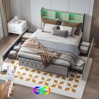 Minkšta lova su LED apšvietimu, įkrovimo stotele ir 4 stalčiais, grotelių rėmas, 160 x 200 cm, be čiužinio