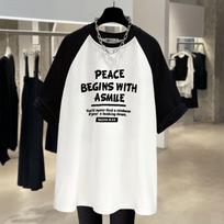 Contrasting Medium-length New Summer Casual Letters Large Version Loose Rag-sleeved Short-sleeved T-shirt for Women M