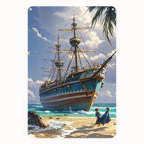 Nautical Ship Metal Wall Art Iron Pirate Tin Sign Waterproof Vintage Maritime Decor for Home Cafe Bedroom  Set Sail 20x30cm（7.8x11.8inch）