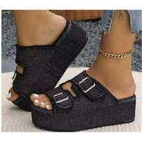New Large Size Lame Heel Denim Belt Buckle Slip-on Slippers For Women's Summer Outer Wear 35 juoda