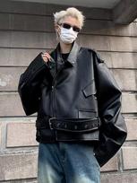 Leather jacket men's spring and autumn short casual pu leather jacket trendy fried street locomotive clothing M