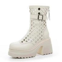 Madingi Aukštos Kokybės 10CM Natūralios Odos Batai Kamino Sandalai Tuščiaviduriai Ankle Booties Užtrauktukas Madingi Batai Moteriški Mokasinai Vasaros Motociklas 34 smėlis