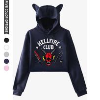 NEW Women's Fashion Long Sleeve Crop Top Hoodie Hellfire Club Printed Girls Hoody XS tamsiai mėlyna