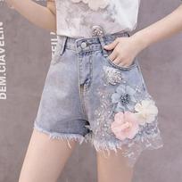 3D Floral Lace Summer Denim Shorts Women Streetwear High Waist Slim Fit Y2k Ripped Fashion Shorts Plus Size S