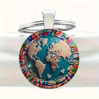 World Map Pattern Round Glass Alloy Keychain Durable Metal Key Ring Accessory for Everyday Use and Travel One Size