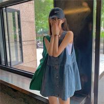 women's V-Neck Sleeveless Denim Dress Casual Loose A-Line Mini Sundress S mėlyna