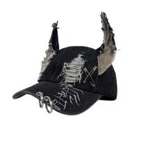 Yousheng Dark Punk Style Denim Baseball Hat Adjustable Distressed Design Denim Cap with Metal Rings 3D Bunny Ears Streetwear Accessory B