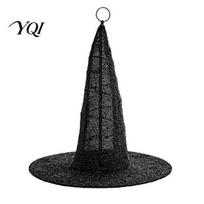 Glowing Witch Hat Hanging Ornaments Halloween with Warm LED Lights, Gold Mesh Wizard Creative Holiday Gift for Party Decor Spooky Costumes, juoda